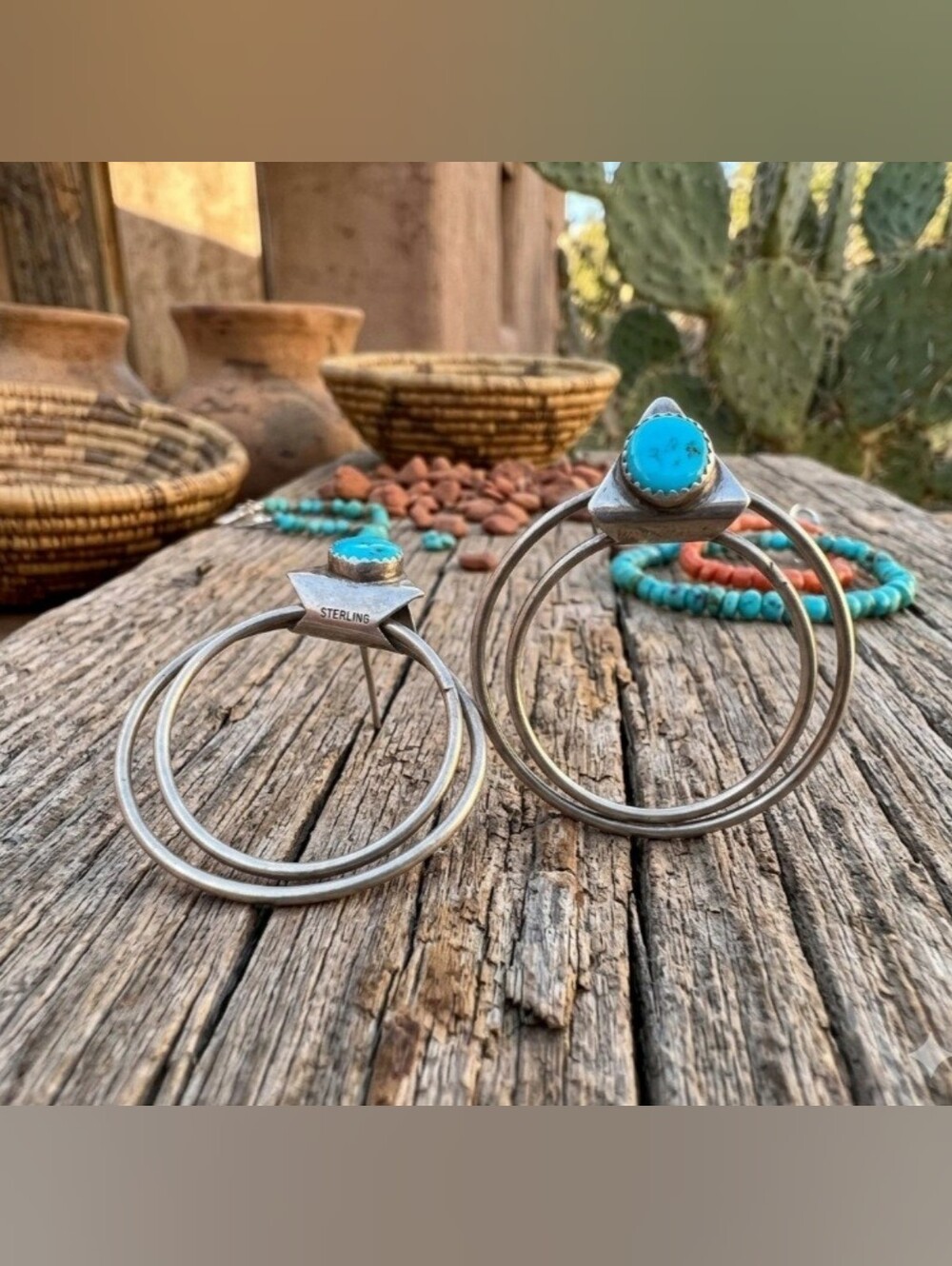 925 Sterling Silver Turquoise Double Hoop Dangle / Drop Hook Bezel Earrings